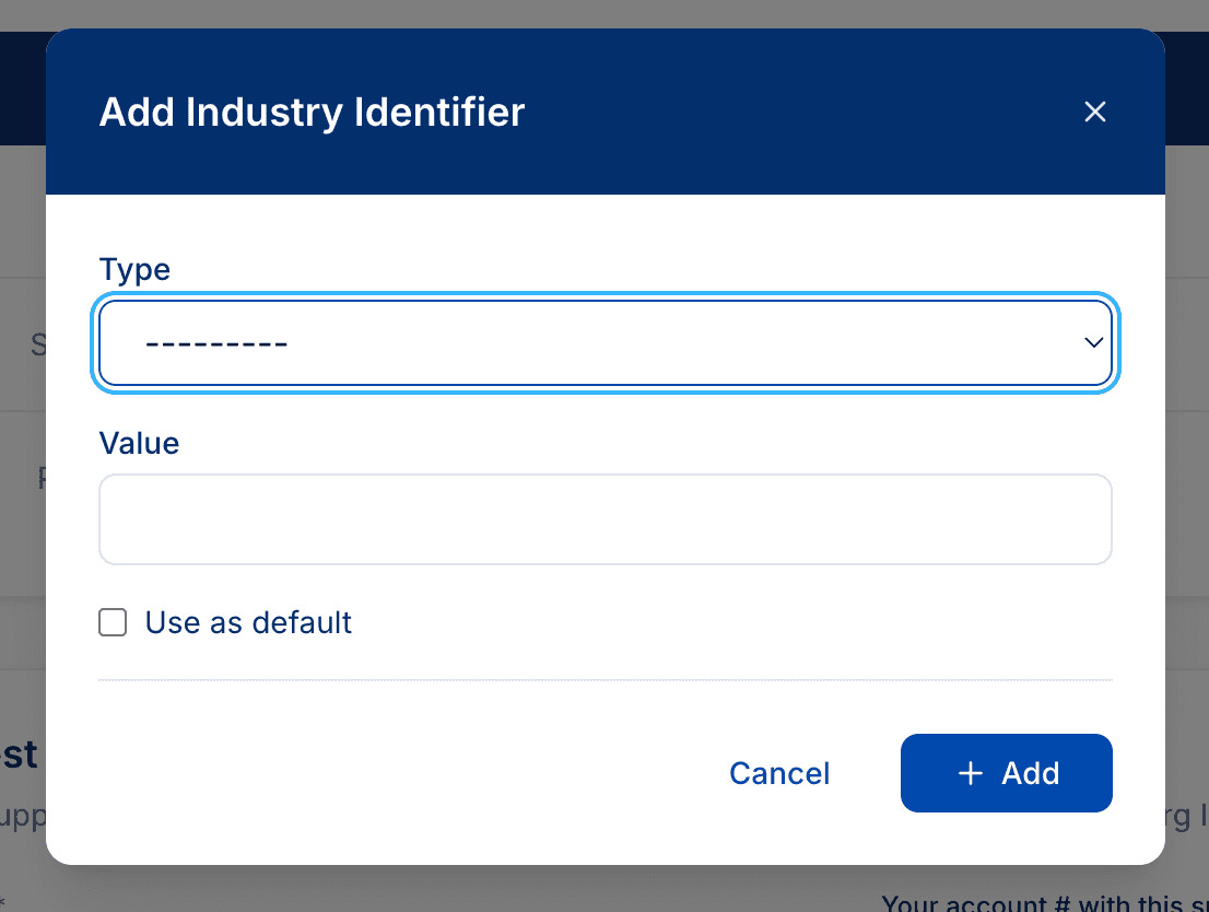 Add Industry Identifier dialog in PSRESTful with a Type dropdown, a Value field, and a Use as default checkbox