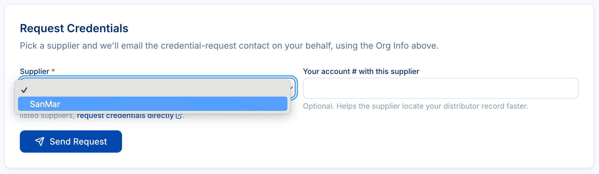 PSRESTful Request Credentials form with a supplier dropdown open on SanMar, an optional account number field, and a Send Request button