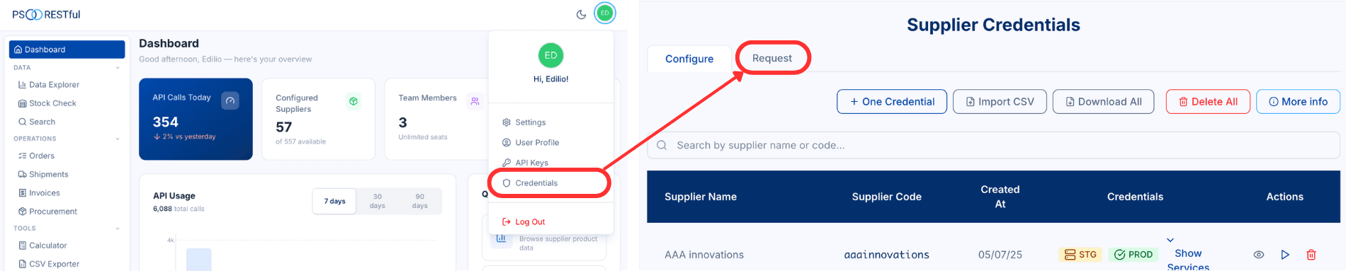 PSRESTful dashboard with the user menu open on Credentials, pointing to the Supplier Credentials page where the Request tab sits next to the Configure tab