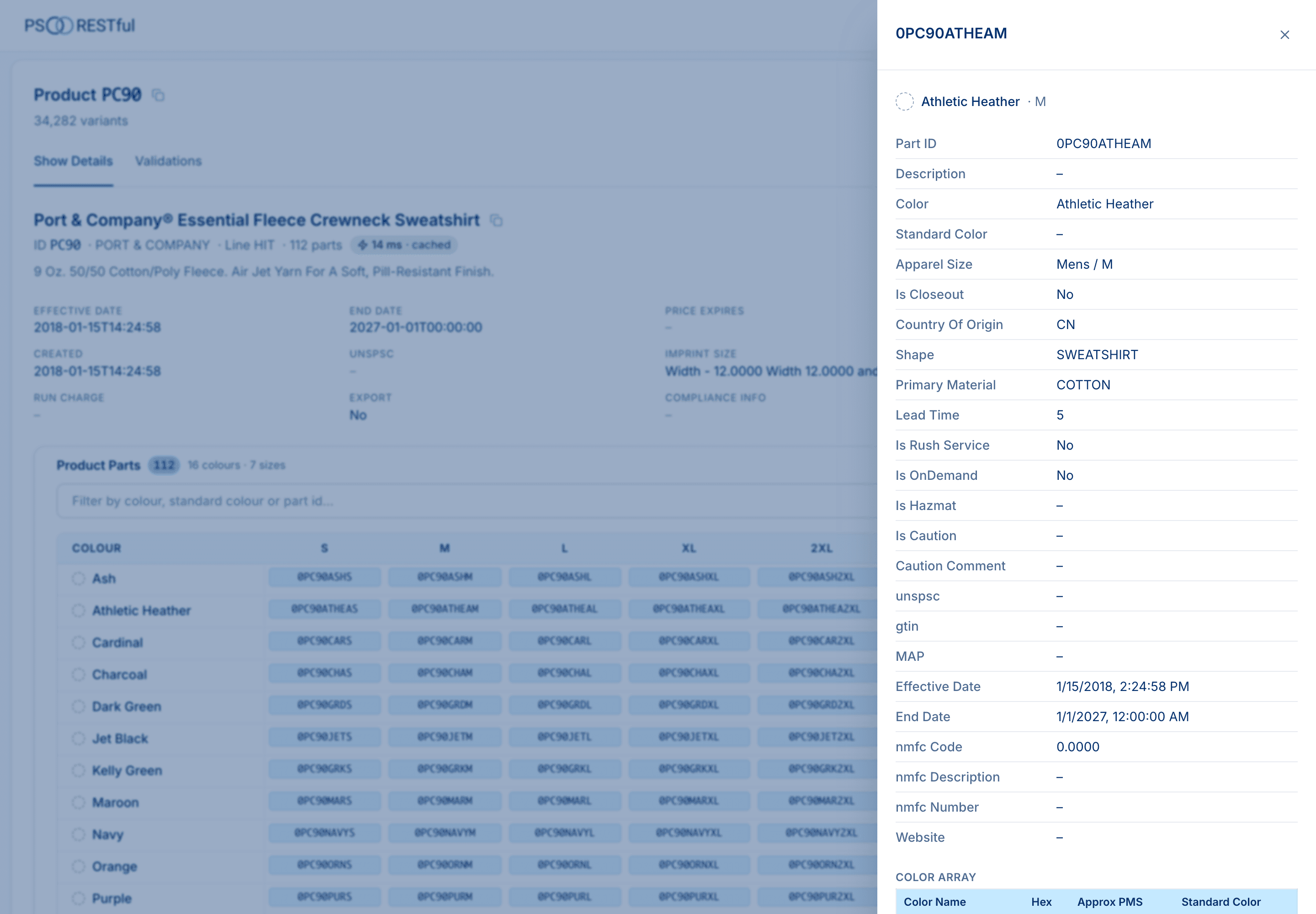 A side drawer for part 0PC90ATHEAM listing its fields: colour, apparel size, country of origin, lead time, effective and end dates, and the colour array table
