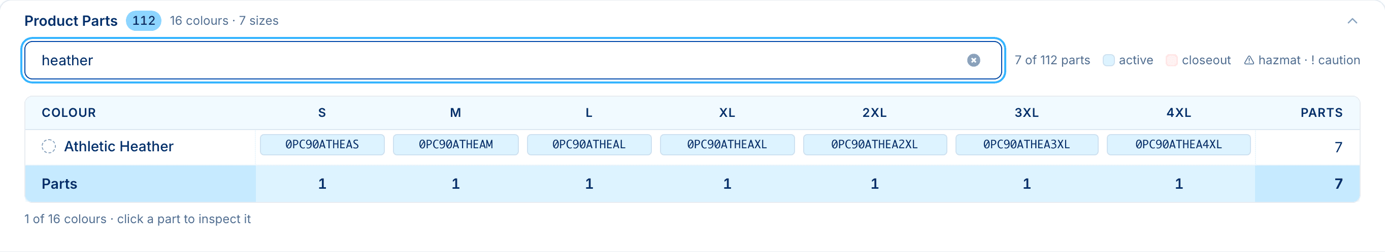 The same matrix filtered by the word heather, leaving only the Athletic Heather row and a 7 of 112 parts count