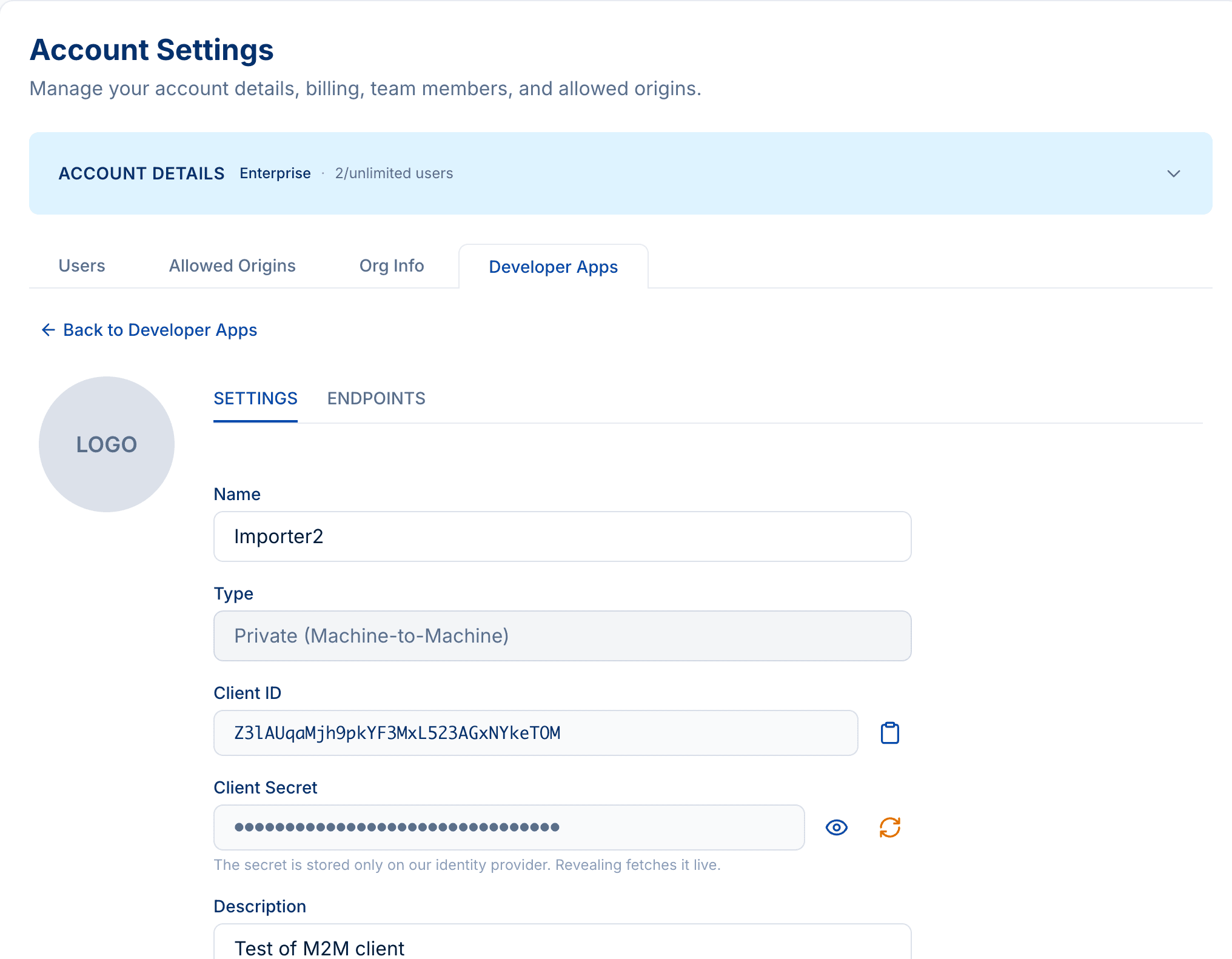 PSRESTful Developer App Settings tab showing Name, Type (Private machine-to-machine), Client ID, and a masked Client Secret with reveal and rotate controls