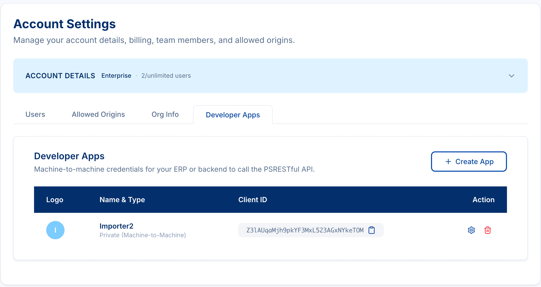 PSRESTful Account Settings showing the Developer Apps tab with a machine-to-machine app listed alongside its Client ID and gear/delete actions