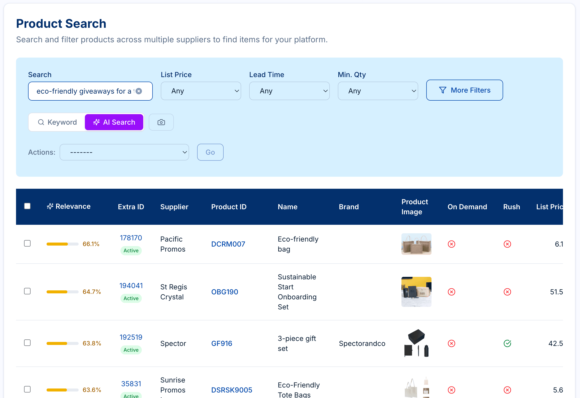 PSRESTful Product Search in AI mode showing relevance-scored results for an eco-friendly giveaways query
