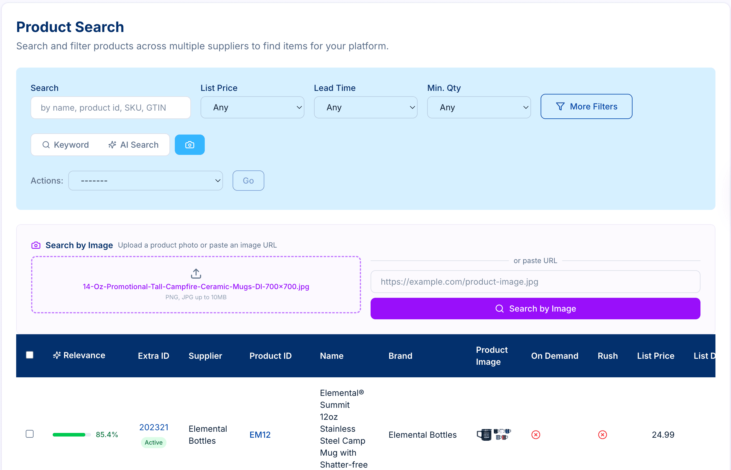 PSRESTful Product Search in Image mode with a drag-and-drop upload area and a paste-URL field