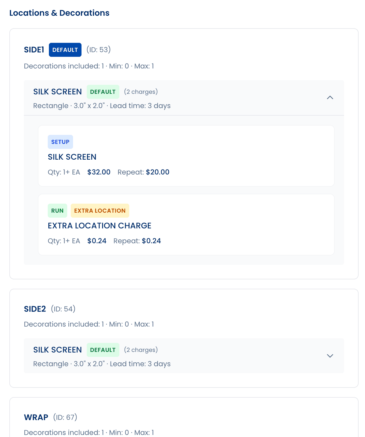 PSRESTful Locations and Decorations detail showing setup charges, run charges, and decoration methods per location