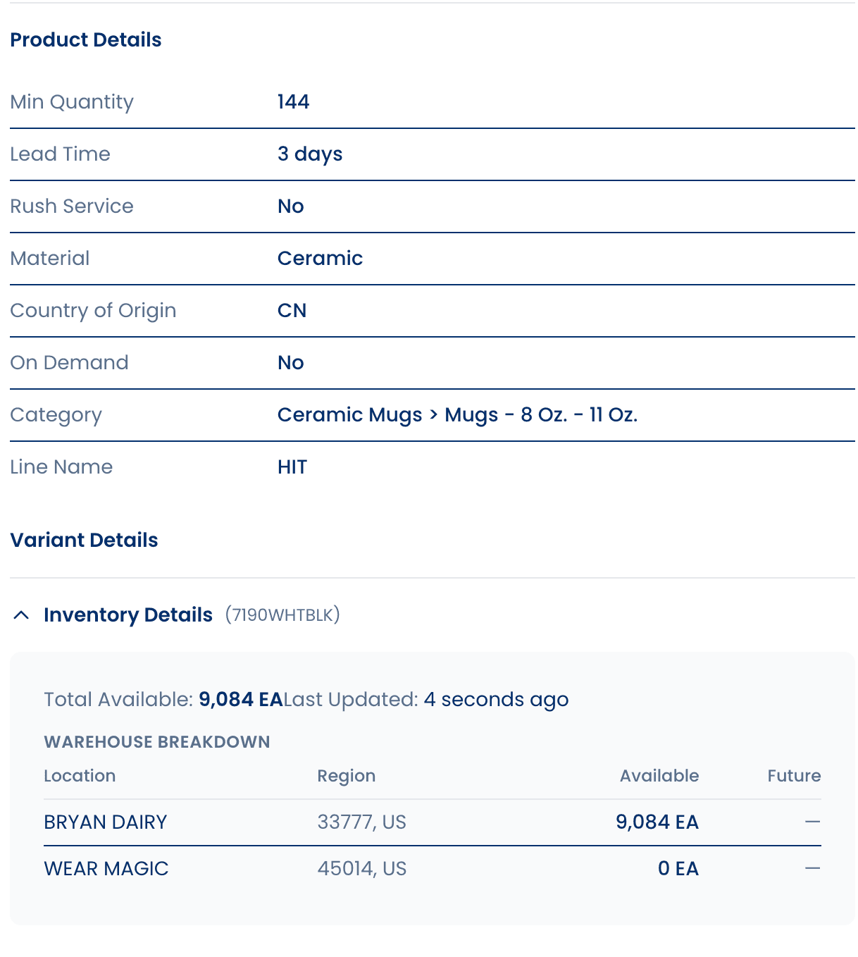 PSRESTful Product Search showing product specs, live inventory by warehouse, and variant selection