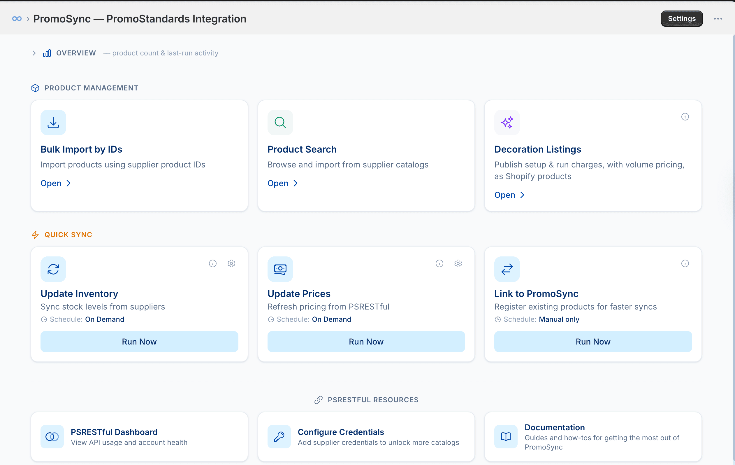 PromoSync redesigned main menu showing Product Management (Bulk Import by IDs, Product Search, Decoration Listings), Quick Sync (Update Inventory, Update Prices, Link to PromoSync), and PSRESTful Resources (Dashboard, Configure Credentials, Documentation)