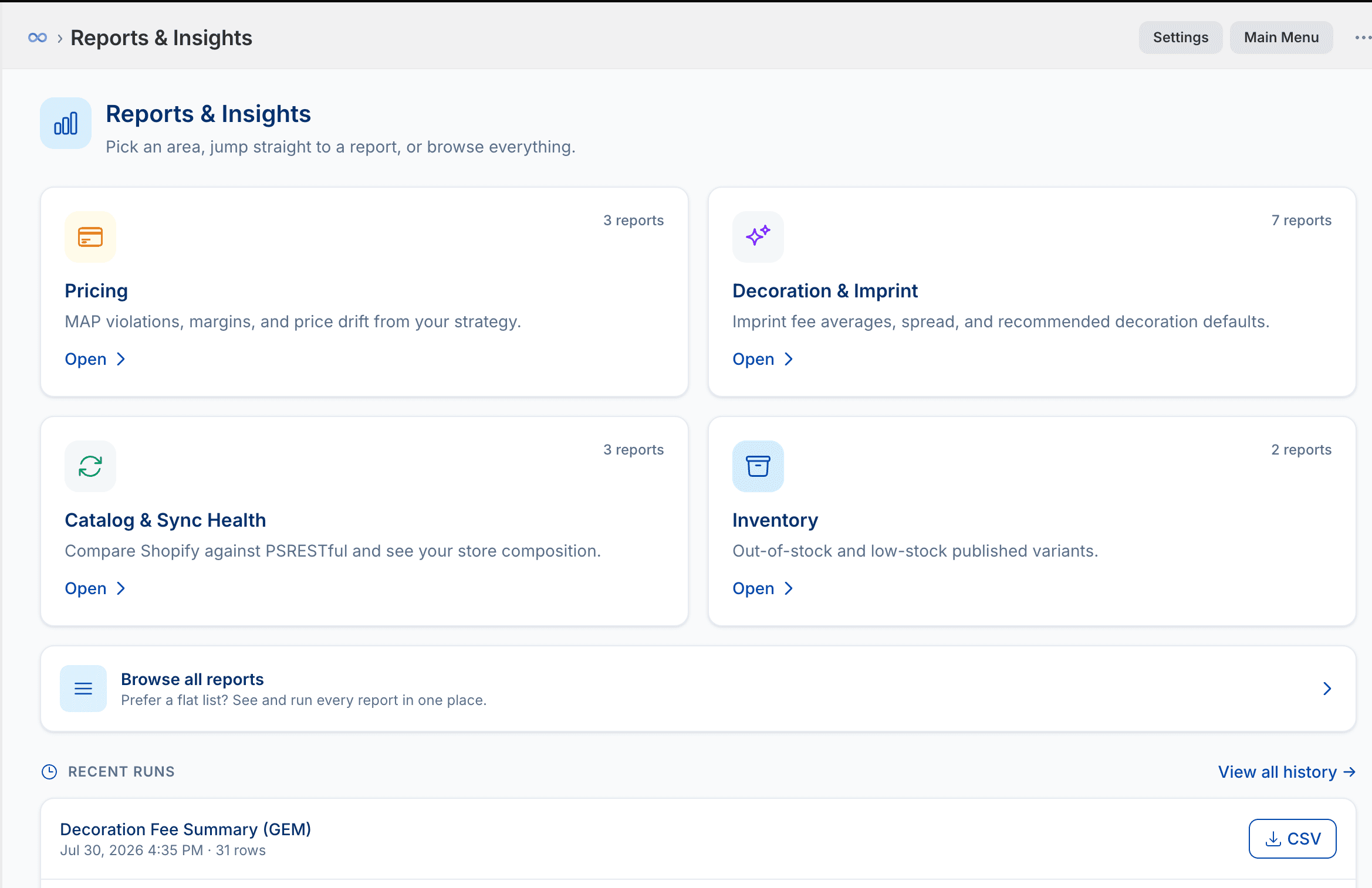 PromoSync Reports & Insights hub with four category tiles (Pricing, Decoration & Imprint, Catalog & Sync Health, and Inventory), plus a Browse all reports link and a Recent Runs list