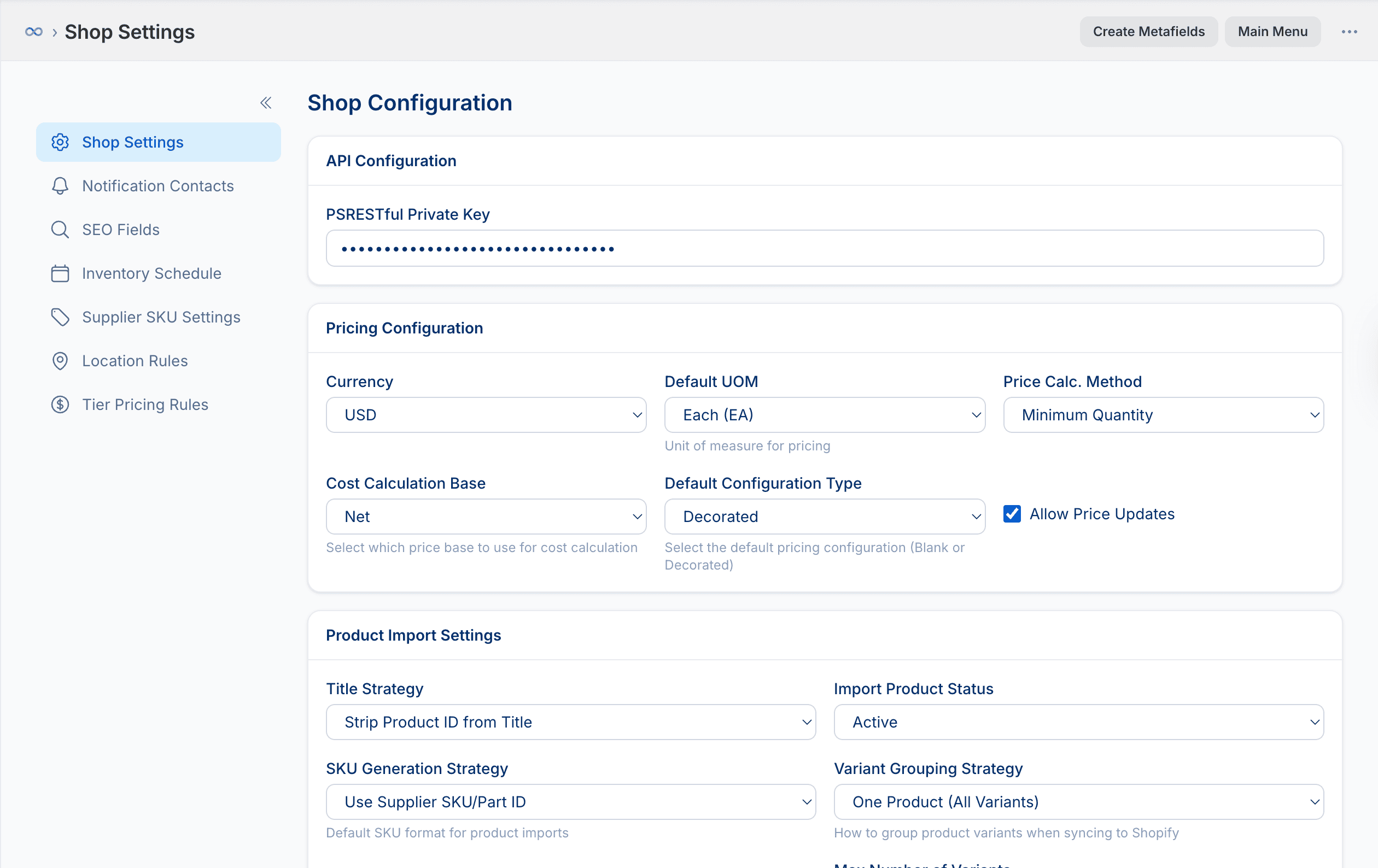 PromoSync Shop Settings page with a left sidebar listing Shop Settings, Notification Contacts, SEO Fields, Inventory Schedule, Supplier SKU Settings, Location Rules, and Tier Pricing Rules, and the main panel showing API Configuration, Pricing Configuration, and Product Import Settings