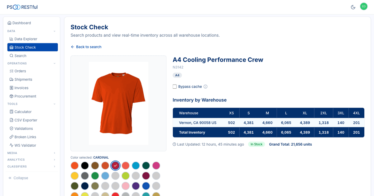 PSRESTful Stock Check showing real-time inventory by warehouse for a promotional product