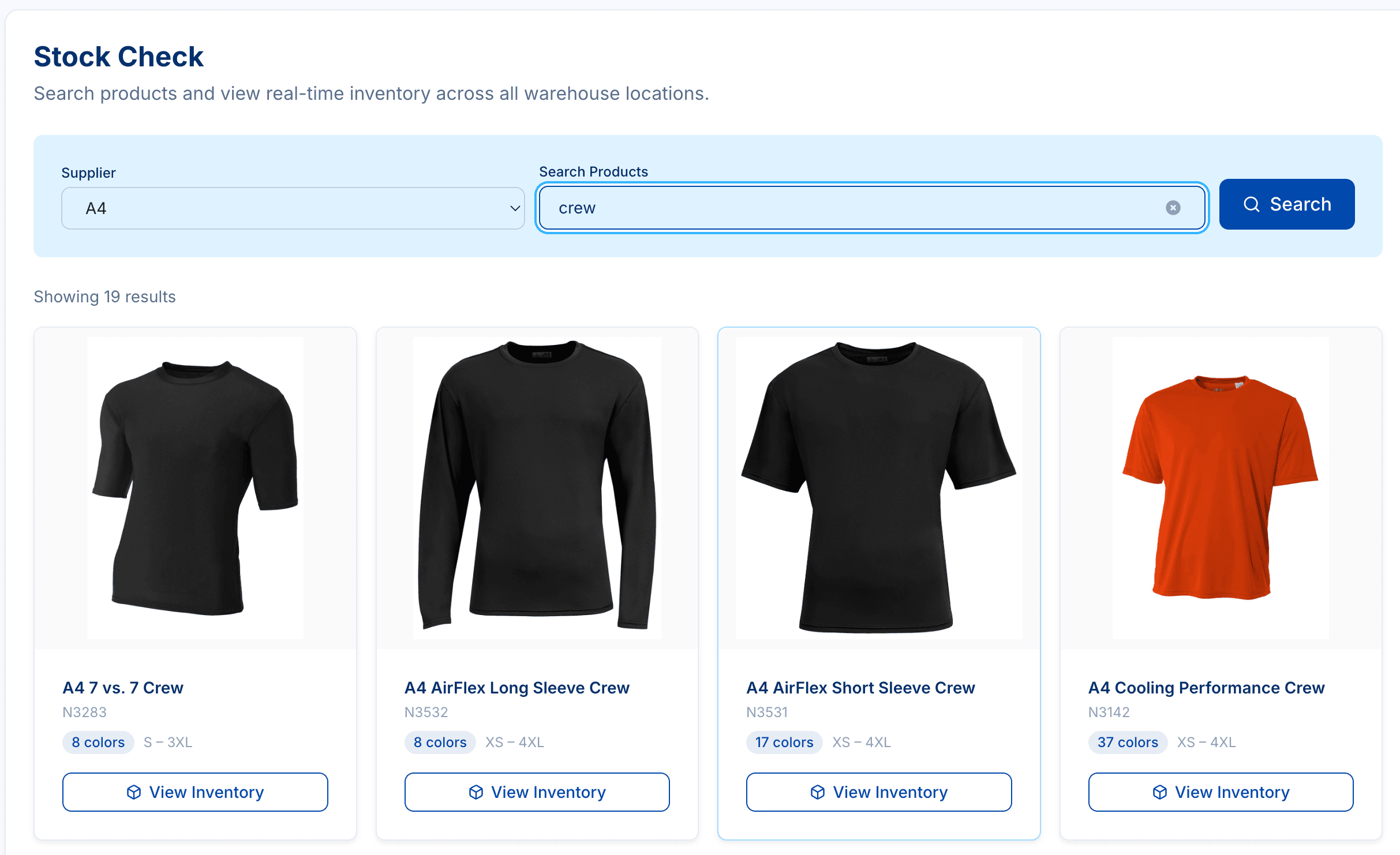 Stock Check search results showing product cards with color counts and size ranges