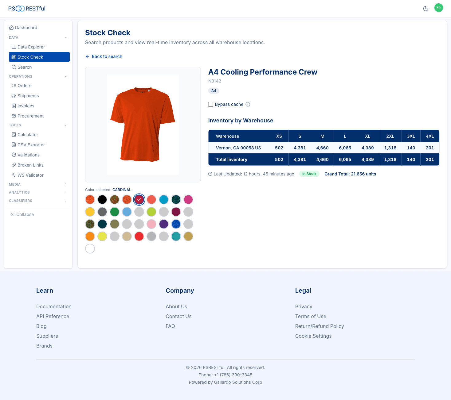 Stock Check product detail showing color swatches and inventory grid by warehouse and size