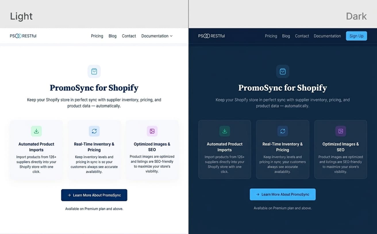 PSRESTful dark mode comparison showing light and dark themes